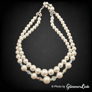 VTG Double Strand White Faux Pearl AB Aurora Borealis Bead Silver Tone Necklace